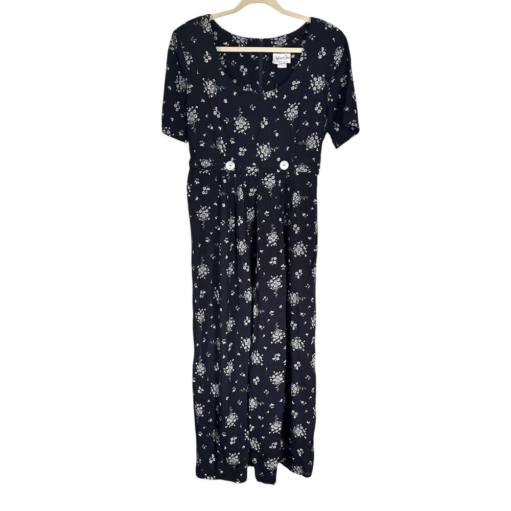 Jeffrey & Dara By Linda Hutley Women Sz 16 Black Floral Jumpsuit VTG Made In USA